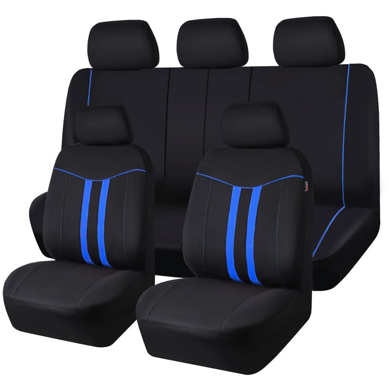 CAR-GRAND Universal Stylish Piping Cloth Car Seat Covers Full Set, Breathable and Washable Seat Covers with Air Compatible,3 Zipper Bench Design,Fit 90% Automotive,SUV,Truck,Sedan (Black-Blue Strips) - Image 1